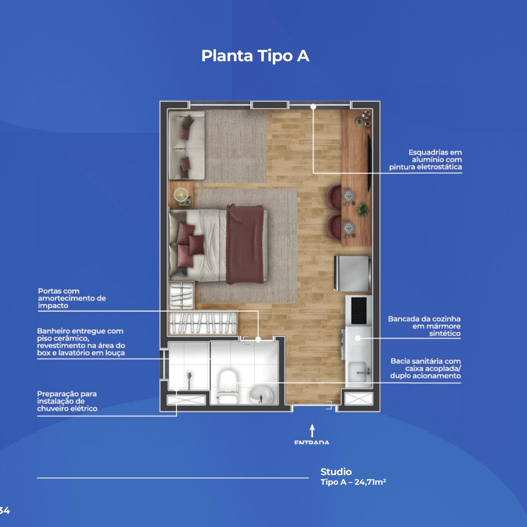 Planta humanizada do Studio Tipo A — 24,71 m²
