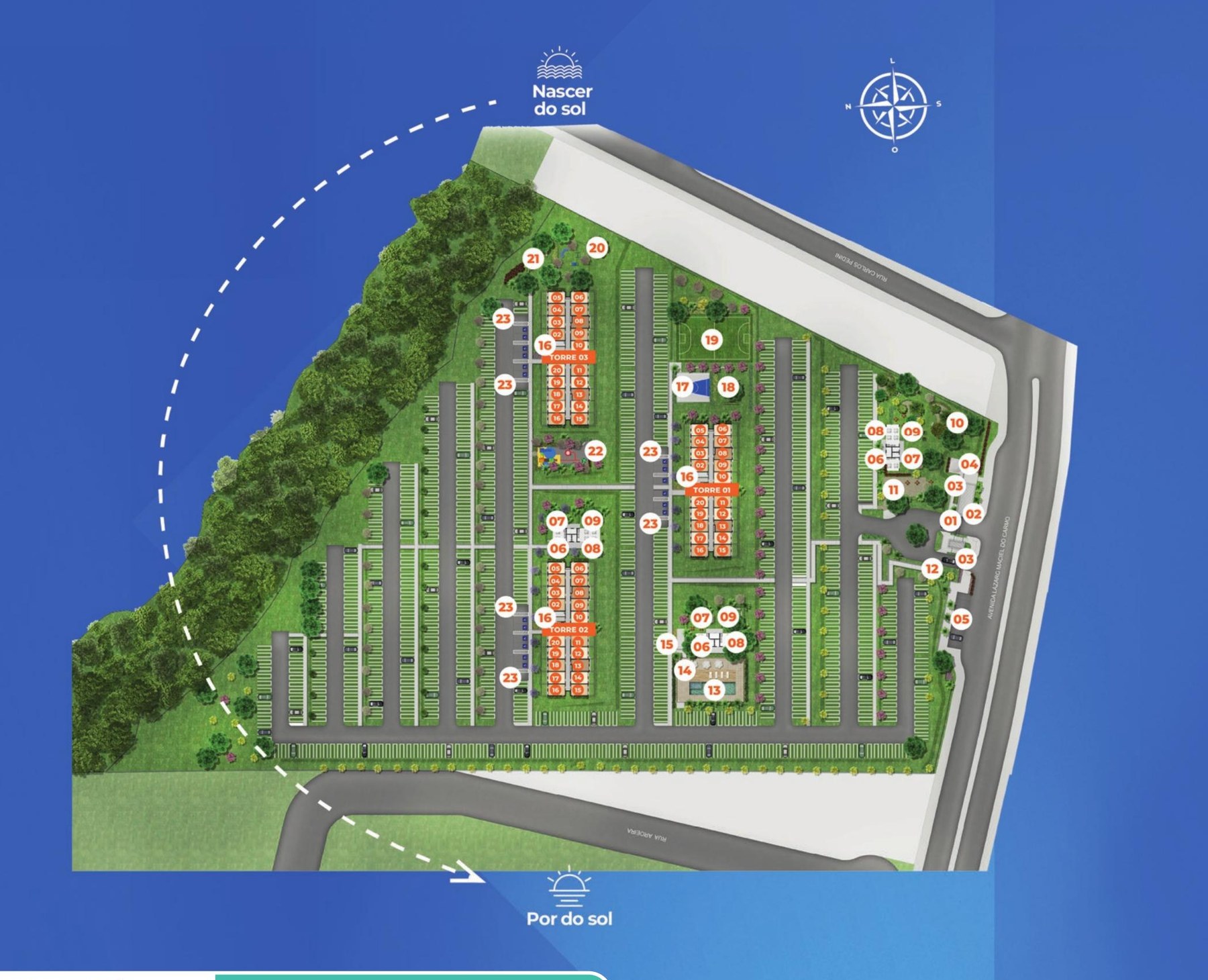 Planta de implantação do Vértice Residencial com torres, lazer e áreas comuns