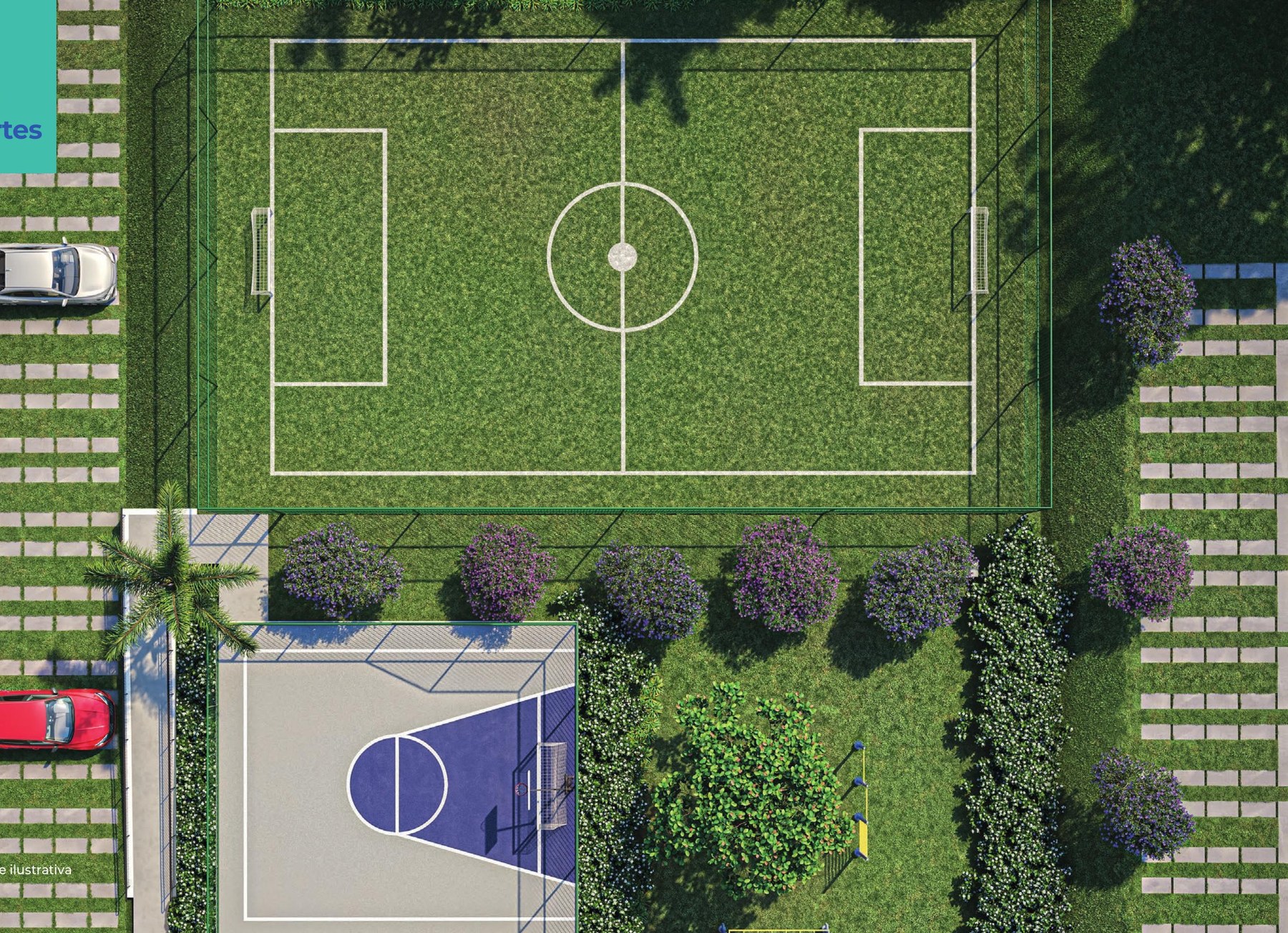 Vista aérea ilustrativa do campo de futebol e quadra poliesportiva