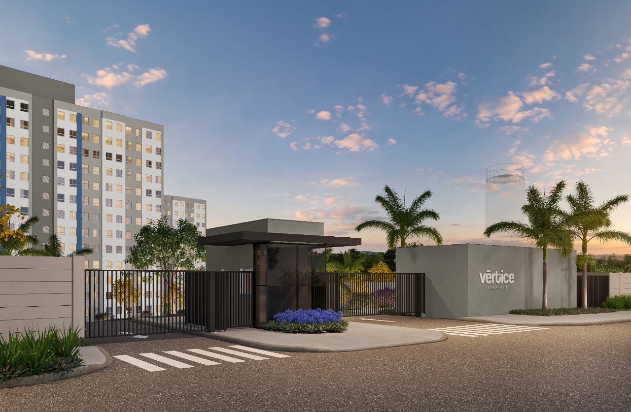 Perspectiva ilustrativa da portaria do Vértice Residencial ao entardecer